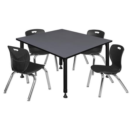 48 in. Kee Square Height Adjustable Classroom Table, Grey & 4 Andy 12 in. Stack Chairs - Black