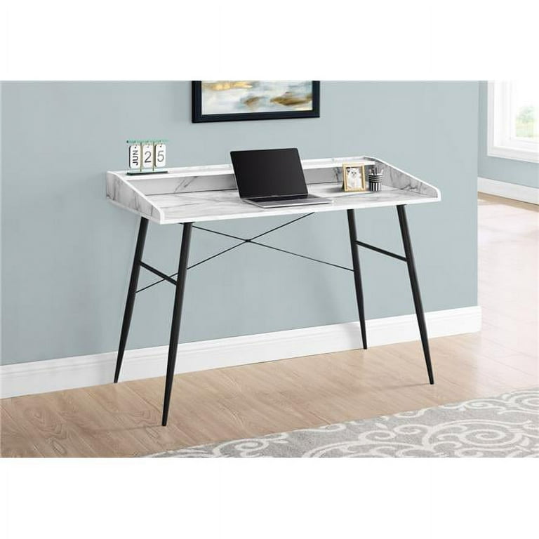48 in. Metal Computer Desk White Marble Look Black