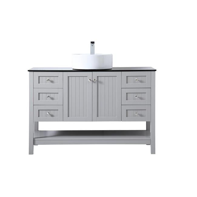 Gray 48" Freestanding Bathroom Vanity with Black Tempered Glass Countertop