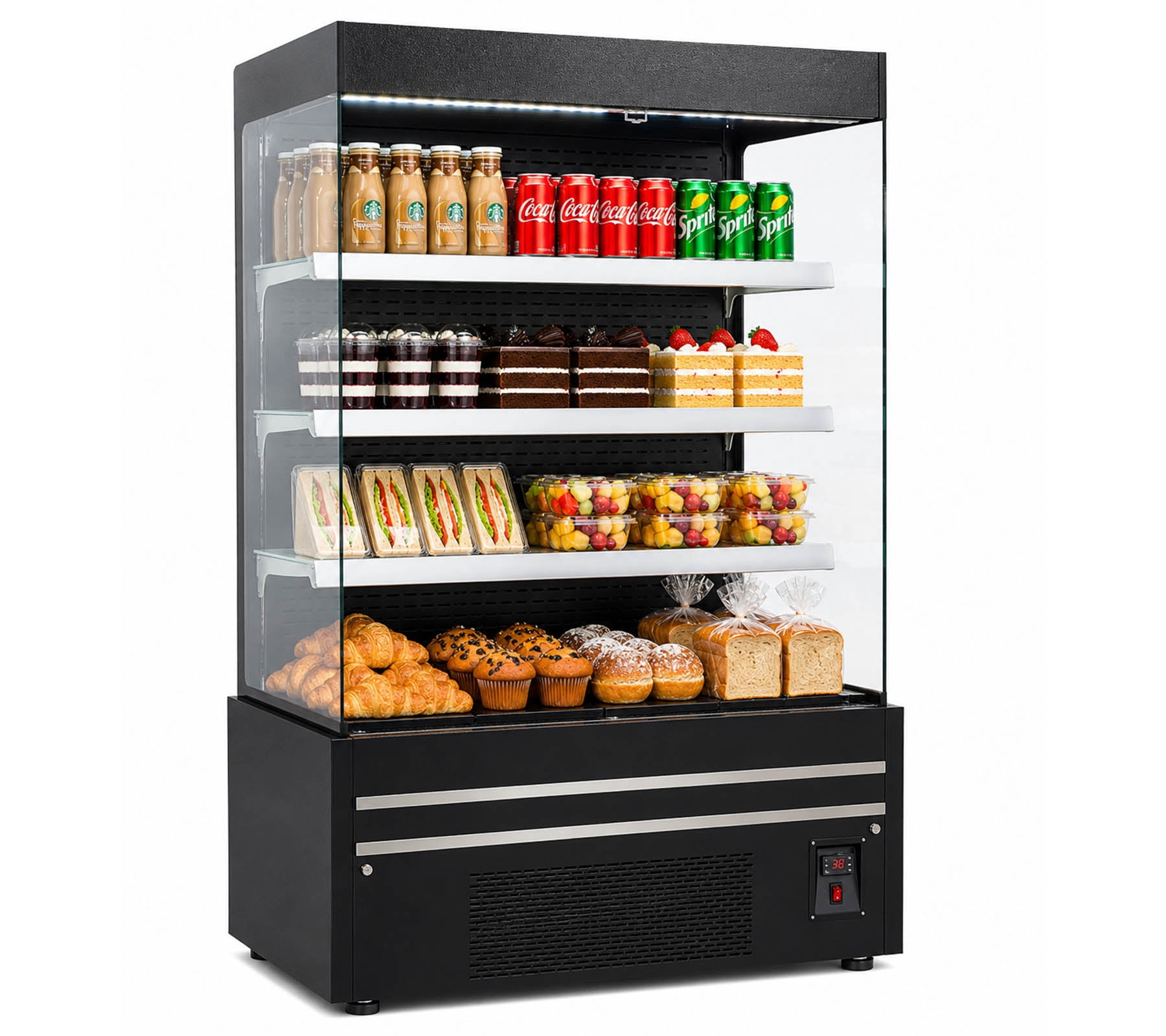 48 in W 27 Cu. ft. Commercial Open Air Display Refrigerator Merchandiser, 4 Shelf Refrigerated Grab and Go Display Case, Black