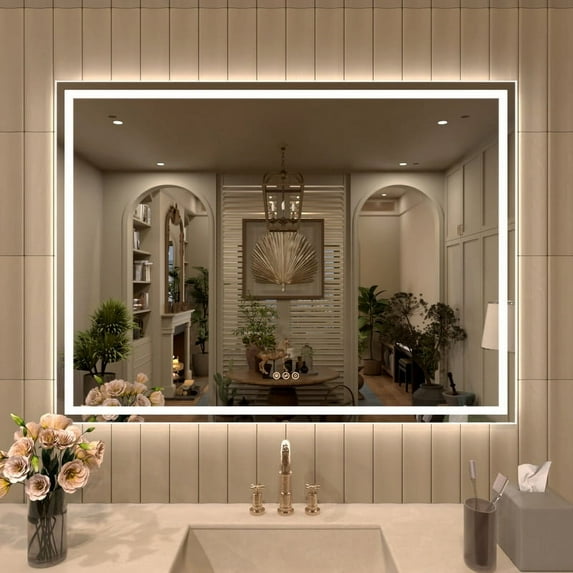 48 in. W x 36 in. H Rectangular Frameless LED Light Anti-Fog Wall Bathroom Vanity Mirror in Polished Crystal