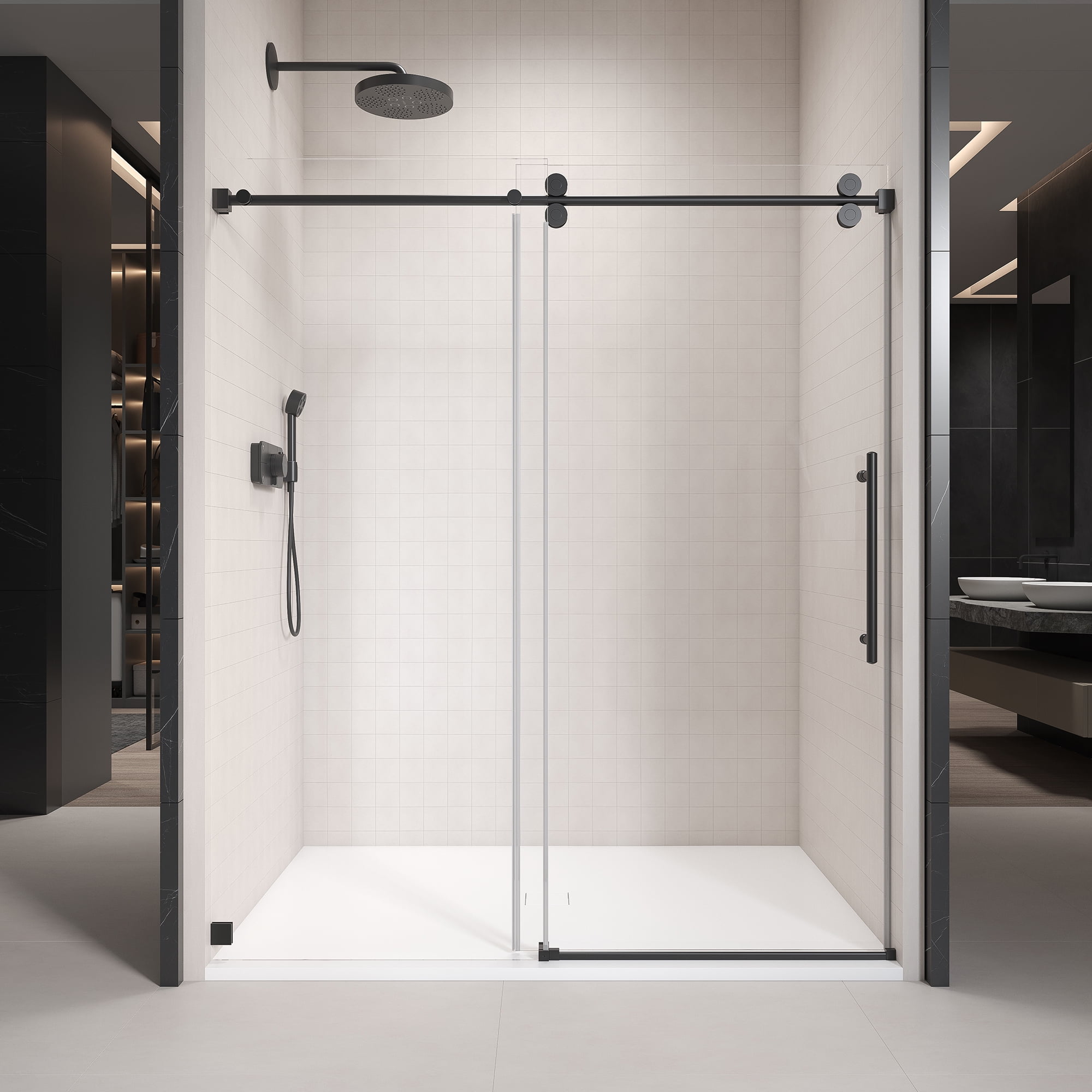 48 in. W x 76 in. H Single Sliding Frameless Shower Enclosure With Clear Glass in Matte Black