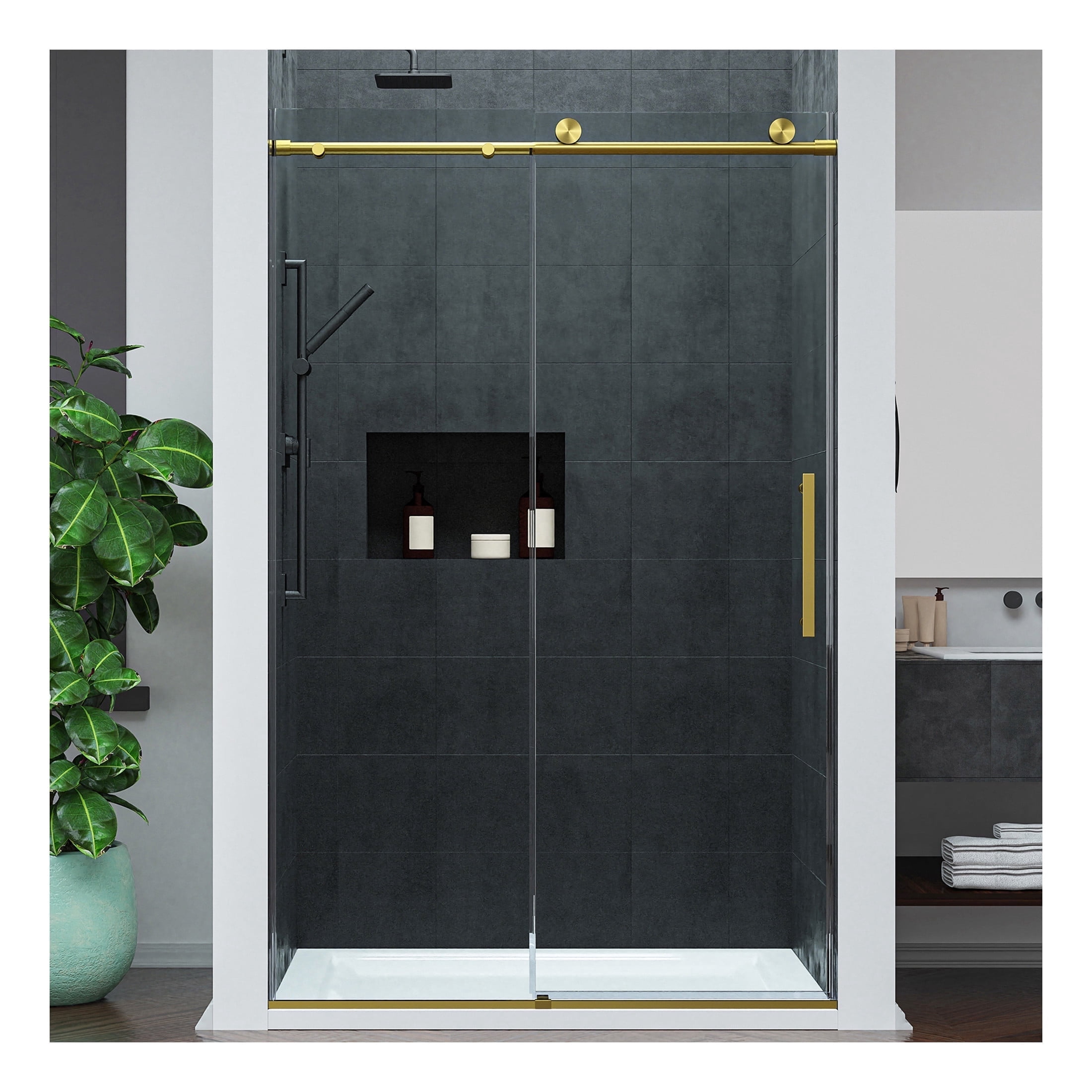 Mountain 48-inch Reversible Frameless Sliding Glass Shower Door with ...