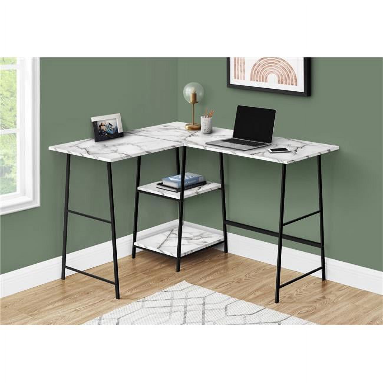 48 in. White Marble & Black Metal Corner Computer Desk
