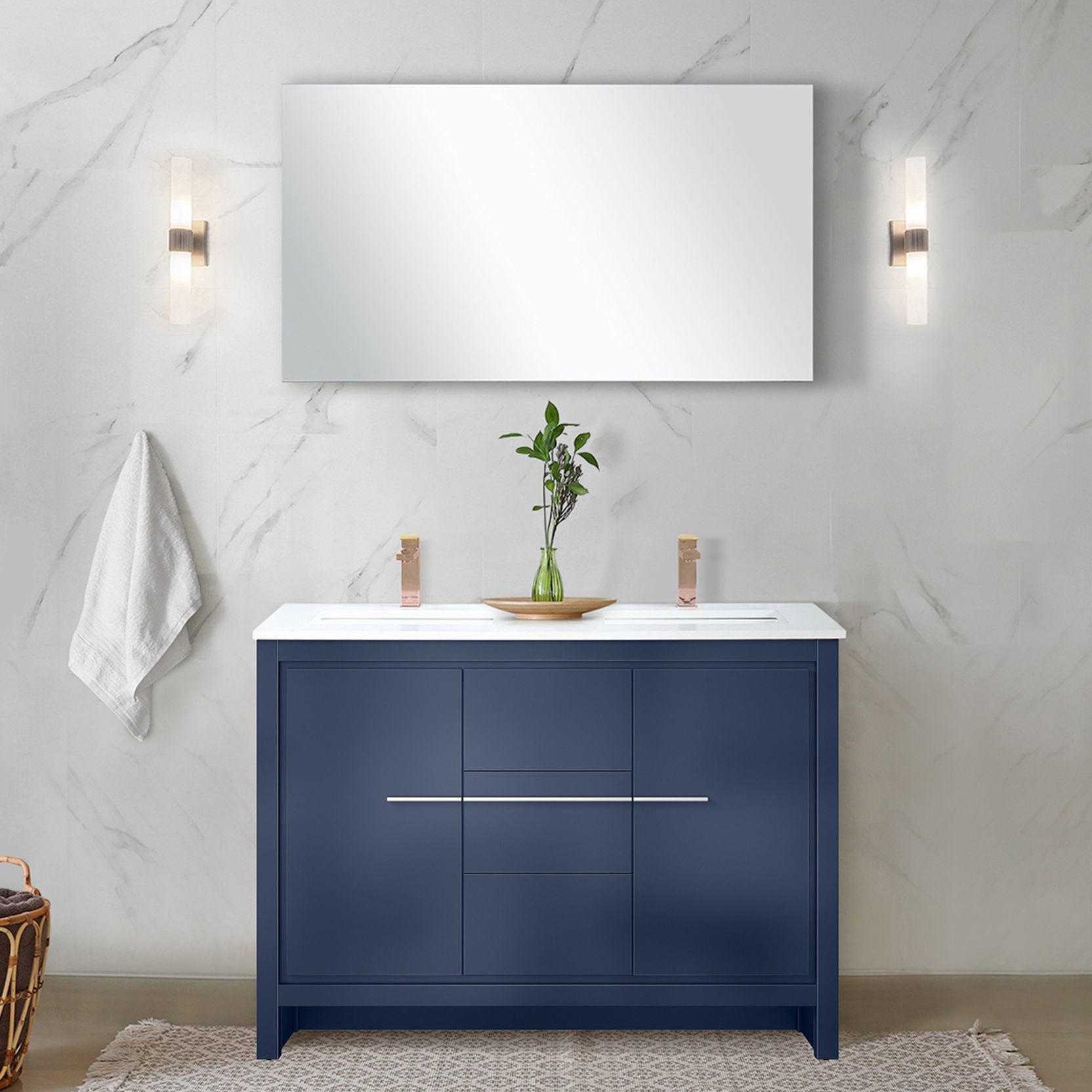 48 in. Wide Navy Blue Double Bathroom Vanity | Featuring Marble Top ...