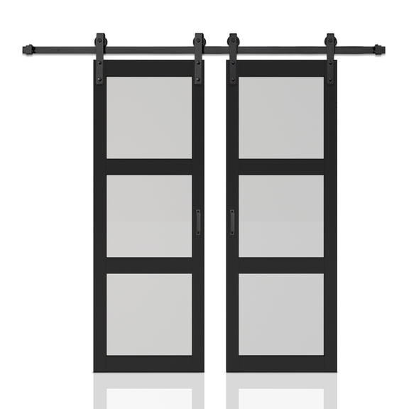 48 in. x 84 in. 3-Lite Tempered Frosted Glass Black Finished Composite Double Sliding Barn Door with Hardware Kit Handle