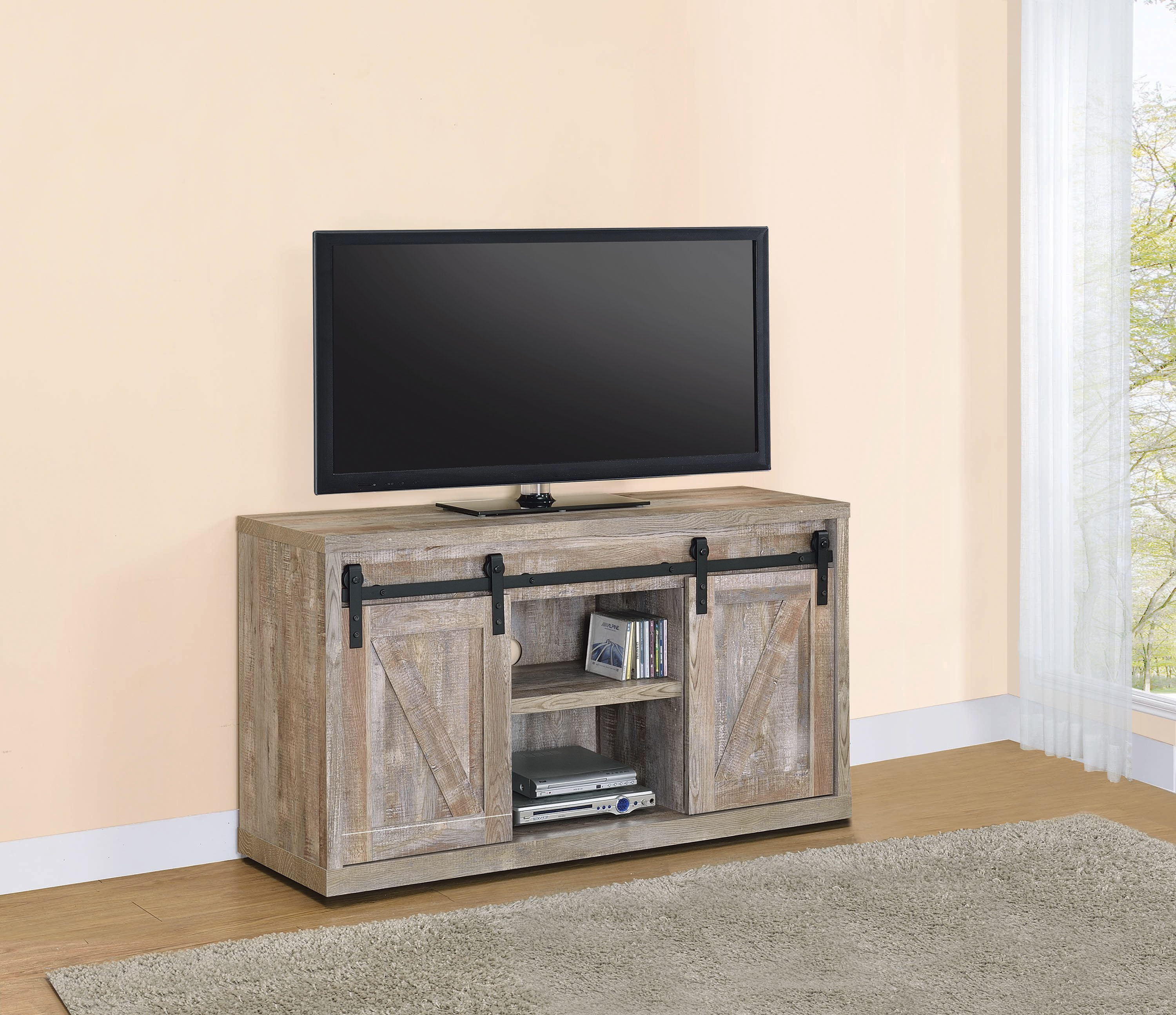 48inch 3shelf Sliding Doors TV Console Weathered Oak