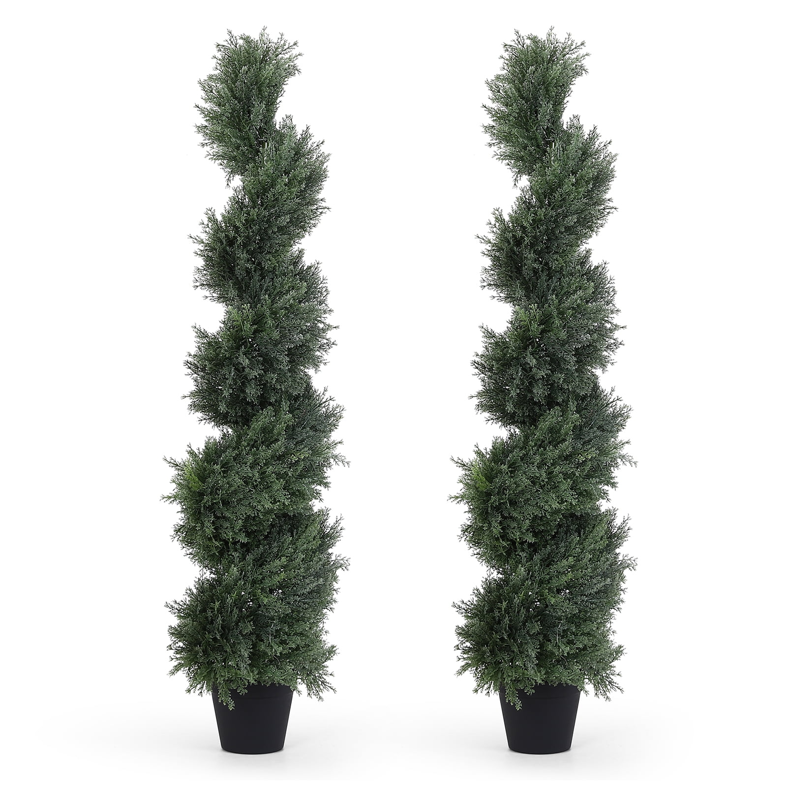 48-Inch Green Plastic Cedar Spiral Topiary Trees in Black Pots, Set of 2