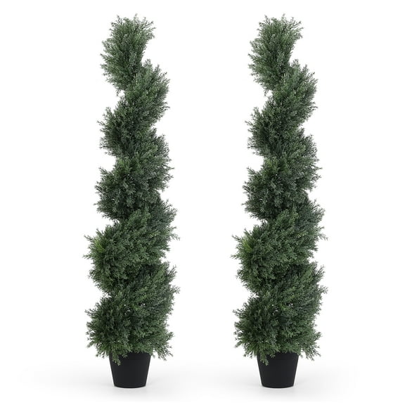 48 inch Artificial Cedar Spiral Topiary Trees–Decorative Fake Greenery in Planter Pots for Front Porch, Outdoor Walkway, Entryway Decorating, Set of 2