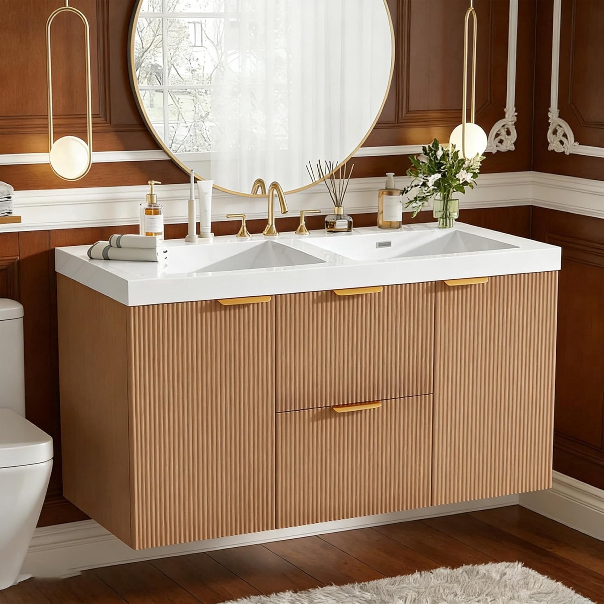 48 inch Bathroom Vanity with Sink Combo, Floating Double Sink Bathroom Vanities with SMC Resin Top, MDF Cabinet with Solid Wood Frame, Wall-Mounted Vanities for Large Bathrooms (48''-Wood)
