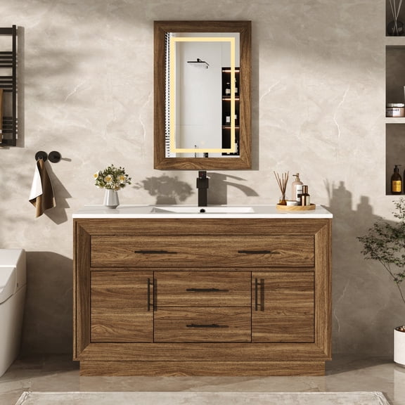 48 inch Bathroom Vanity with Sink and Mirror Faucets, Modern Vanity Set with Resin Integrated Basin & Top, Bathroom Cabinet with Tip-out Trays Door-Mounted Organization, 2 Drawers