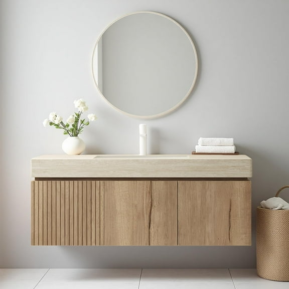 48 inch Bathroom Vanity with Sink, Wall Mounted Bathroom Vanities with Drawer and 2 Doors, Roma Travertine-Pattern Countertop and Ceramic Basin, Pre-Assembled, Llight Wooden Color