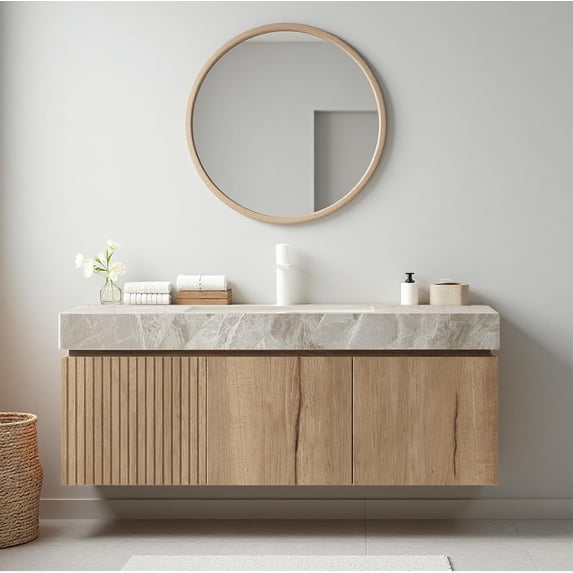 48 inch Bathroom Vanity with Sink, Wall Mounted Bathroom Vanities with Drawer and 2 Doors, Roma Travertine-Pattern Countertop and Ceramic Basin, Pre-Assembled