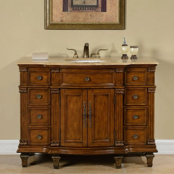 48-inch Brazilian Rosewood Finish Single Sink Bathroom Vanity With Travertine Stone Top - Silkroad Exclusive