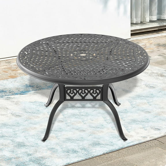 48-inch Cast Aluminum Patio Dining Table with Black Frame and Umbrella Hole