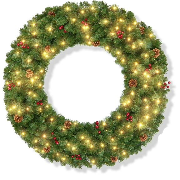 48 inch Christmas Wreath Outdoor Decoration, Large Artificial Wreath with Lights, 200LED, 440 PVC Tips, Power Plug-in
