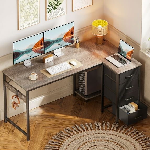 48 inch Computer Desk with 4 Fabric Drawers — Home Office Desks with Storage, Writing Desk with Side Hook, Desk Study/Work Table for Bedroom and Small Space, Oak Grey