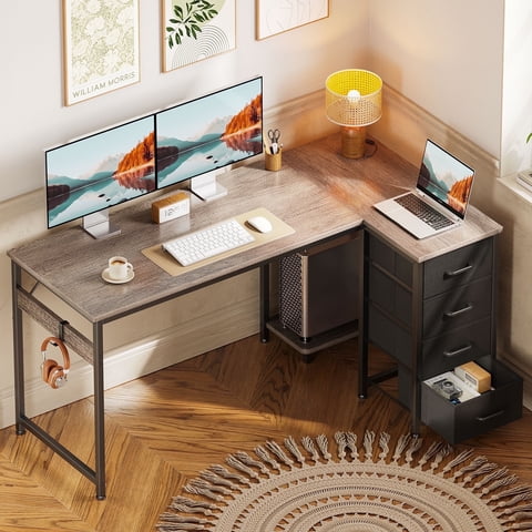 48 inch Computer Desk with 4 Fabric Drawers — Home Office Desks with Storage, Writing Desk with Side Hook, Desk Study/Work Table for Bedroom and Small Space, Oak Grey