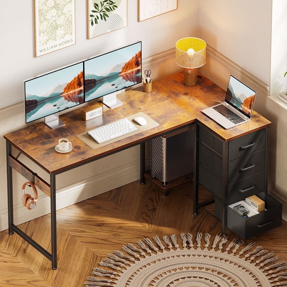 48 inch Computer Desk with 4 Fabric Drawers — Home Office Desks with Storage, Writing Desk with Side Hook, Desk Study/Work Table for Bedroom and Small Space, Vintage