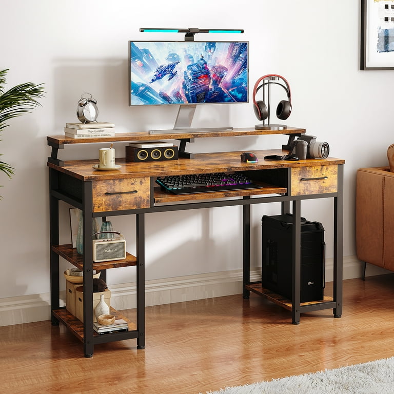 48 inch Computer Desk with Keyboard Tray Gaming Writing Desk with Drawers Monitor Stand Shelf Removable Storage Shelves CPU Stand for Home Office