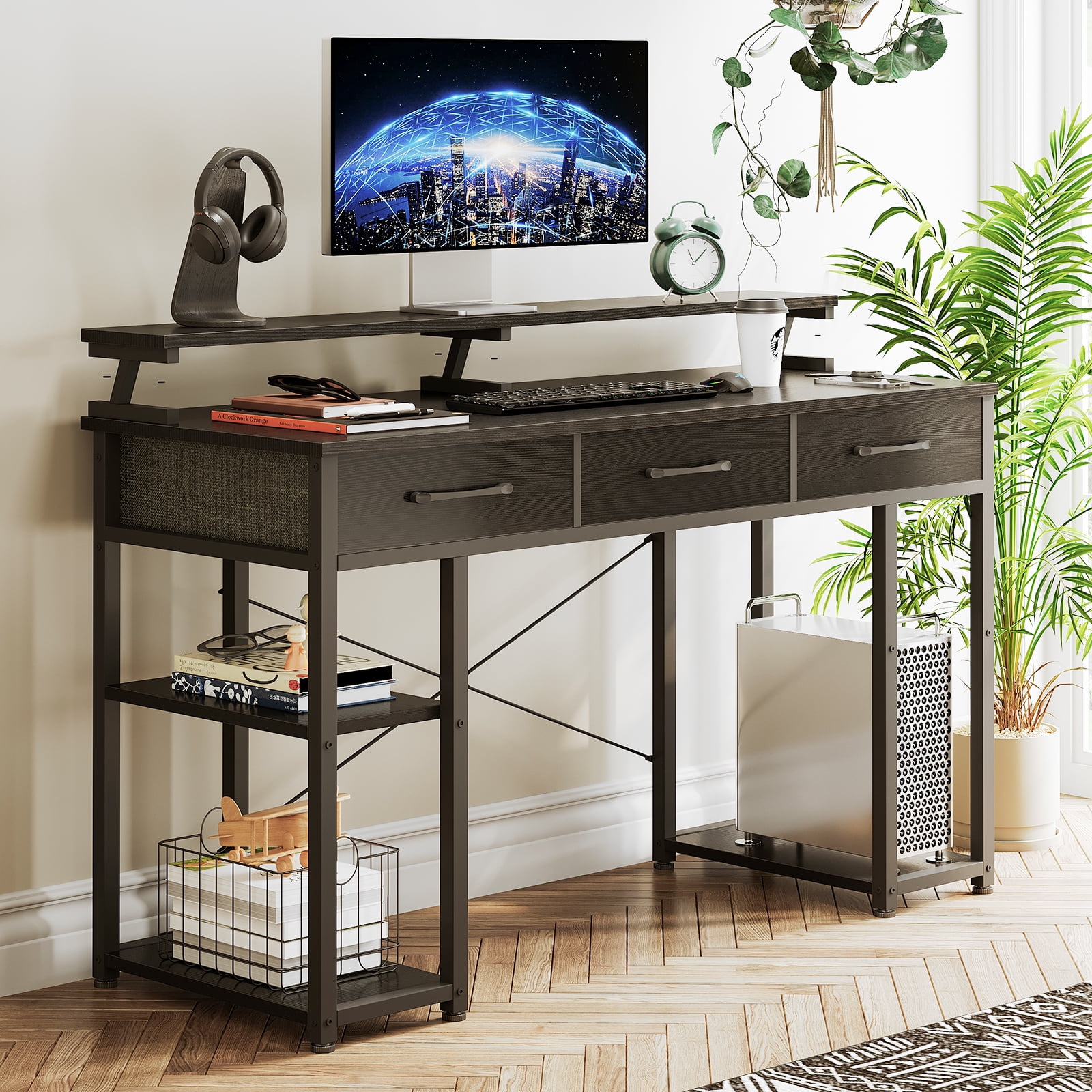 Computer Desk with Drawer Home Office Desks 48 inch Writing Desk Work Desk PC Table Study Desk with 2 Tiers Drawers Storage Shelf Headphone Hook