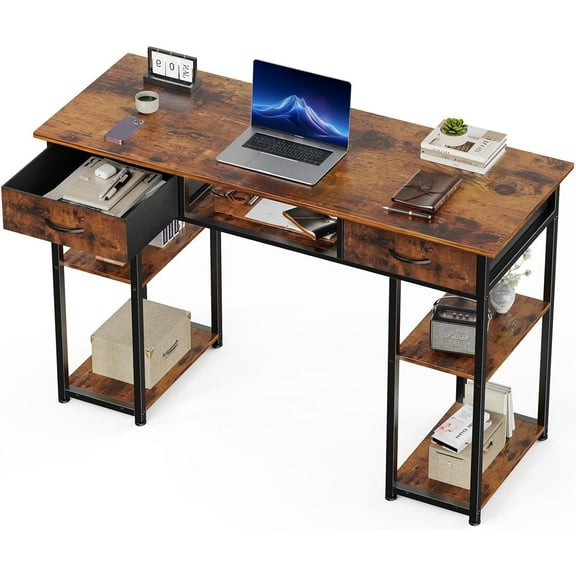 48 inch Computer Desk with Drawers, Modern Study Writing Table with Storage Shelves for Bedroom Home Office, Rustic Brown