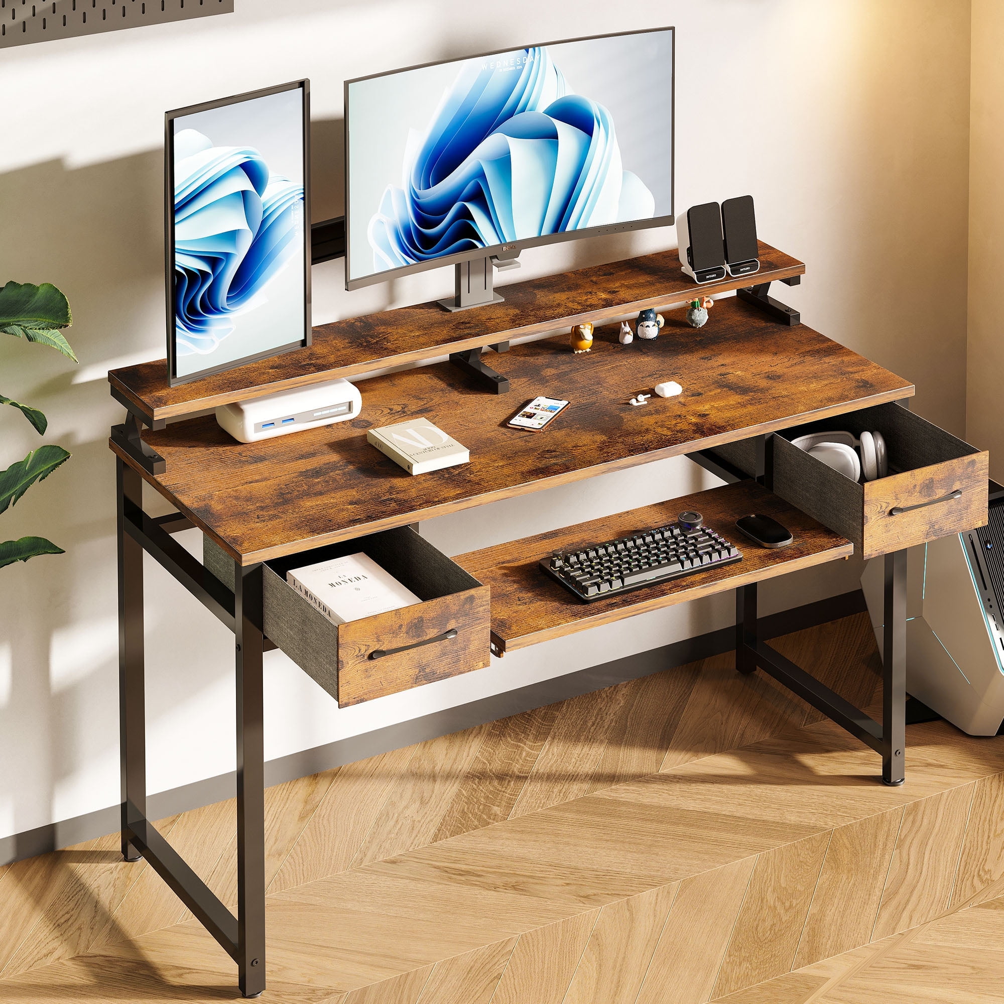 48 Inch Computer Desk With Keyboard Tray, Modern Home Office Desk With Shelf  & Drawers, Study Desk For Student, Rustic Brown - Walmart.Com