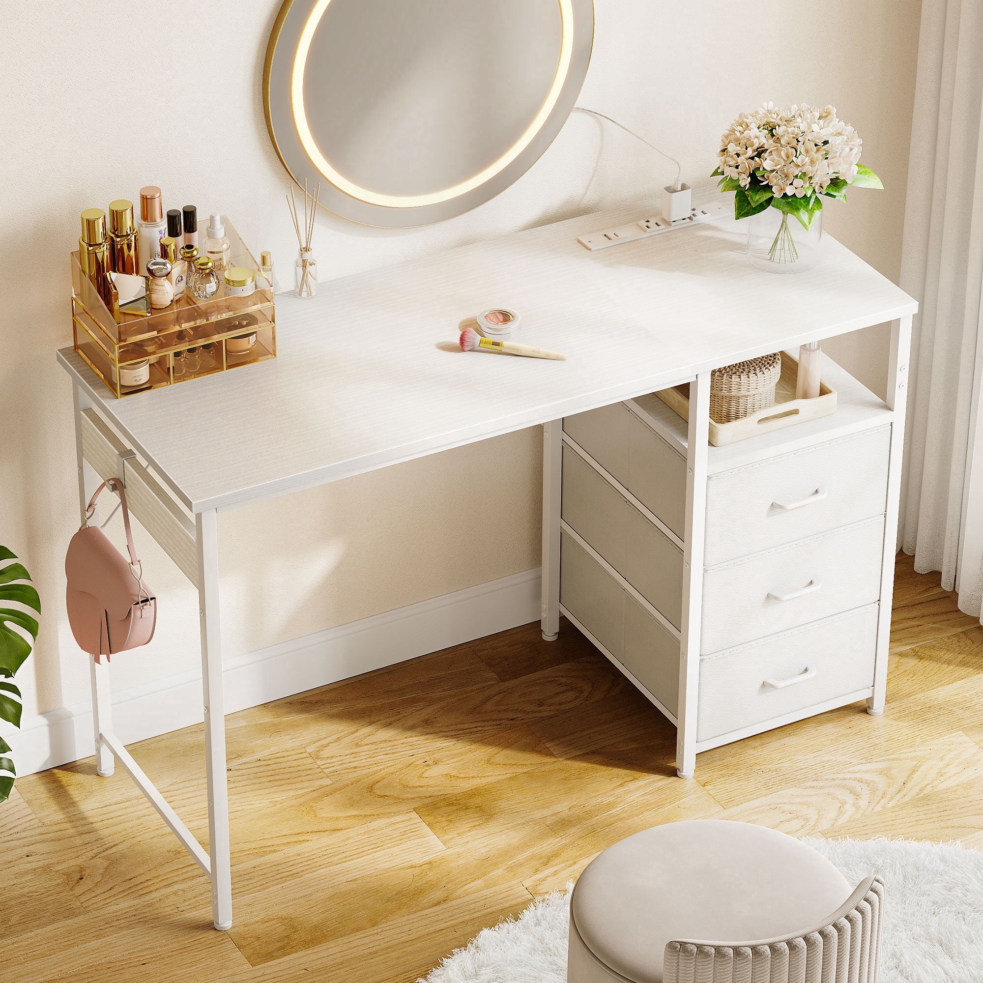 48 inch Computer Desk with Power Outlets, Home Office Desk with 3 Drawers, Writing Desk, Vanity Desk for bedroom, White