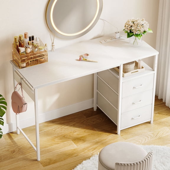 48 inch Computer Desk with Power Outlets, Home Office Desk with 3 Drawers, Writing Desk, Vanity Desk for bedroom, White