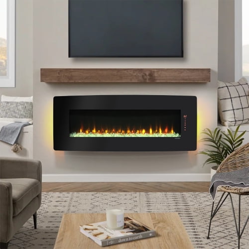 48 inch Electric Fireplace Curved Front Wall Mounted with remote and multi color flame & emberbed