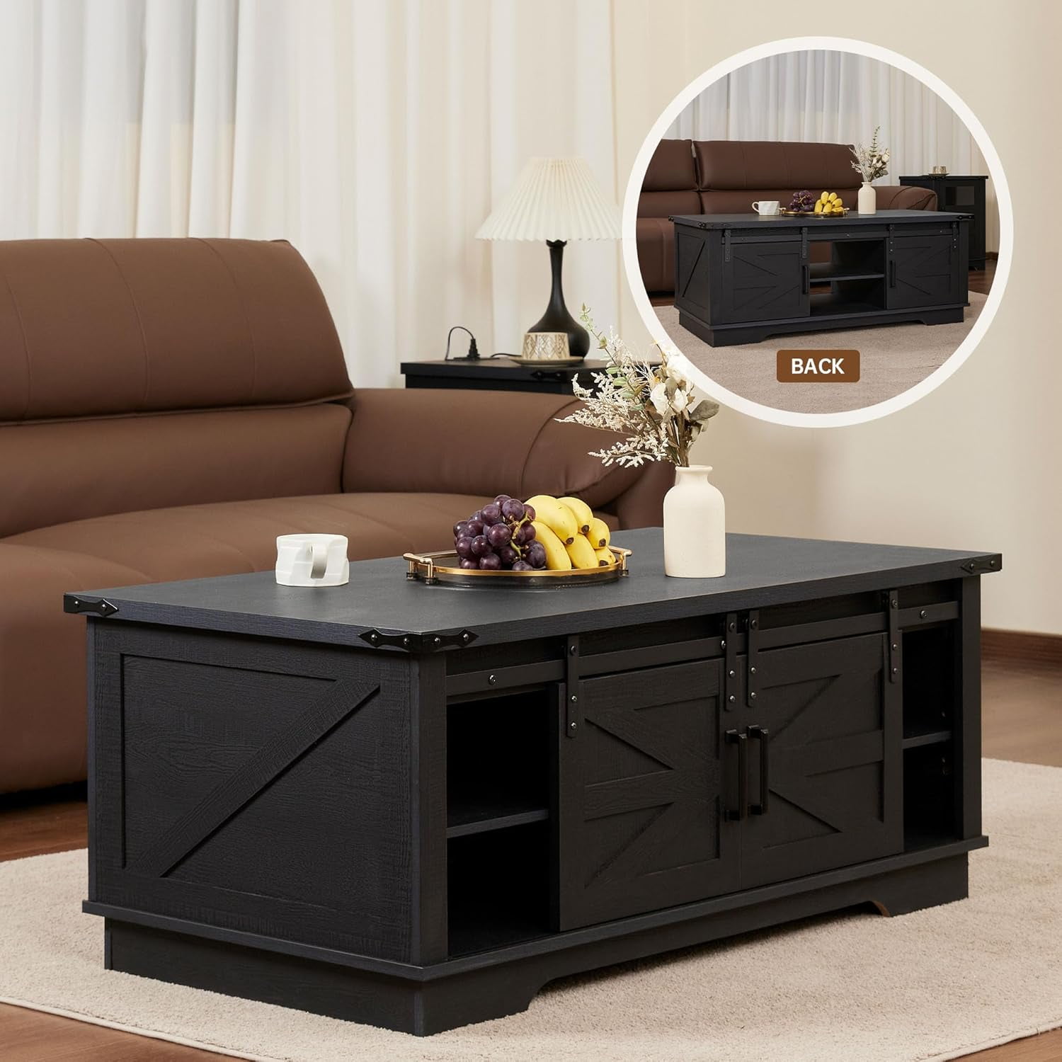 48-inch Farmhouse Coffee Table, Four Sliding Barn Doors with Double ...