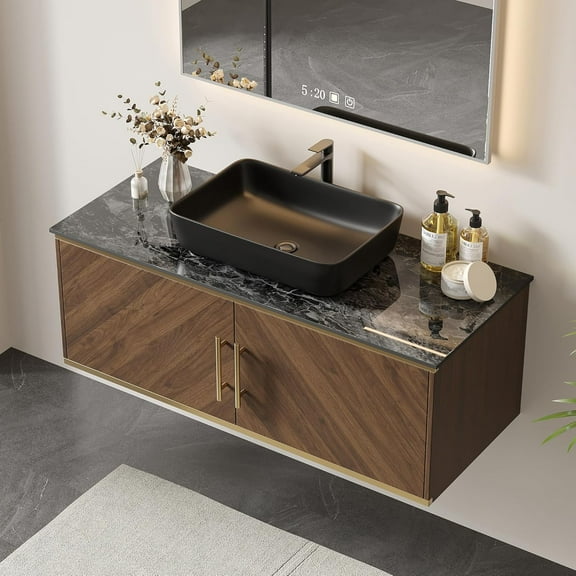 48 inch Floating Bathroom Vanity with Sink, Modern Wall Mounted Natural Walnut Bathroom Sink Cabinet with Faux Marble Top, Black Ceramic Basin, Soft-Close Design