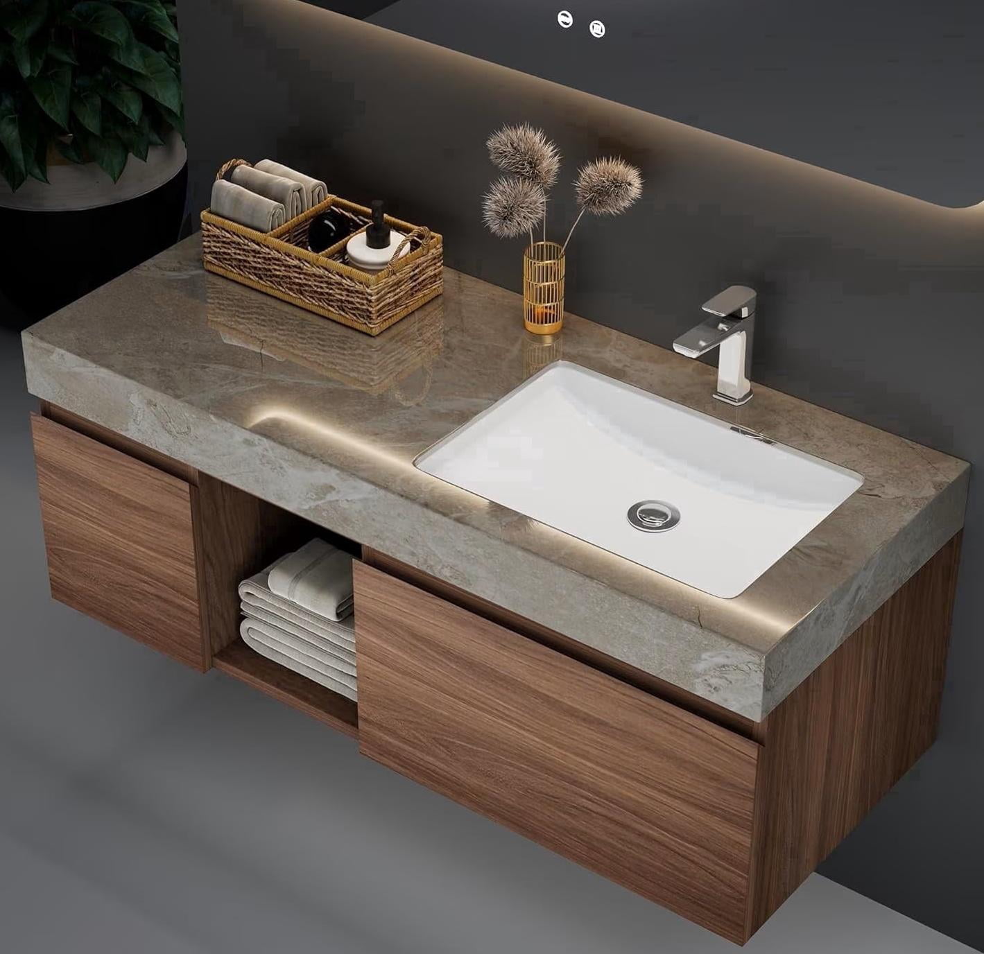 48 inch Floating Bathroom Vanity with Sink, Modern Wall Mounted Vanity Bathroom Storage Cabinet with Grey Sintered Stone Countertop, Ceramic Single Sink