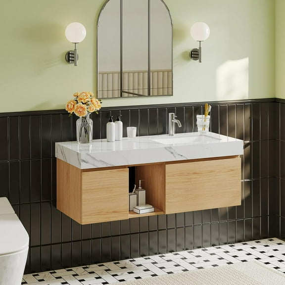 48 inch Floating Bathroom Vanity with Sink, Modern Wall Mounted Vanity Bathroom Storage Cabinet with White Sintered Stone Countertop, Ceramic Single Sink