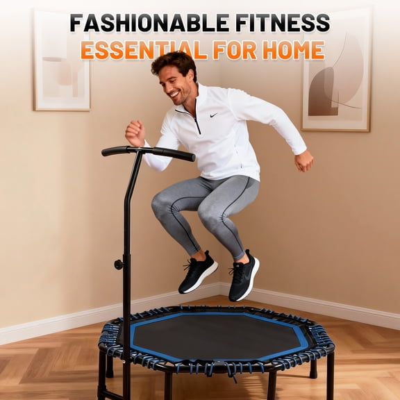48 inch Foldable Fitness Trampoline With Adjustable Handlebar for Adults, Max Load 450lbs,With Durable Bungee Ropes,Stable & Quiet, Rebounder for Cardio & Strength Train, Home/Gym,Jumping Exercise