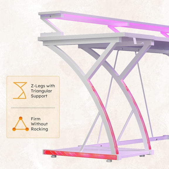 48 inch Gaming Desk with LED Lights & Power Outlet, Computer Desk with Monitor Shelf & Mouse Pad & Cup Holder, Ergonomic Carbon Fiber Gaming PC Work Home Office Desks, PC ,White