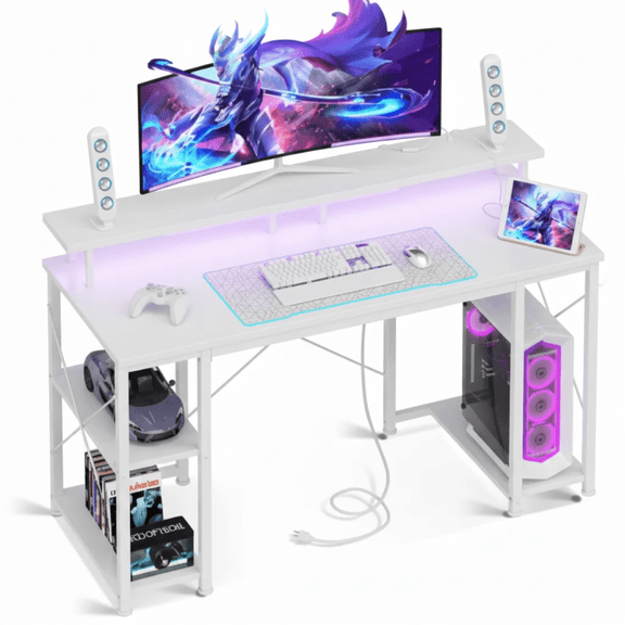 48 inch Gaming Desk with LED Lights & Power Outlets, Computer Desk with Monitor Stand & Storage Sheves, CPU Stand, Home Office Desk