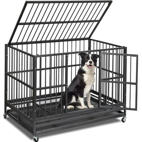 48 inch Heavy Duty Indestructible Dog Crate,2025 New Upgraded Reinforced Baseplate for Large Dogs,XL Dog Crate for High Anxiety Dogs/Max Load Capacity 250lbs/Double Door with Wheels