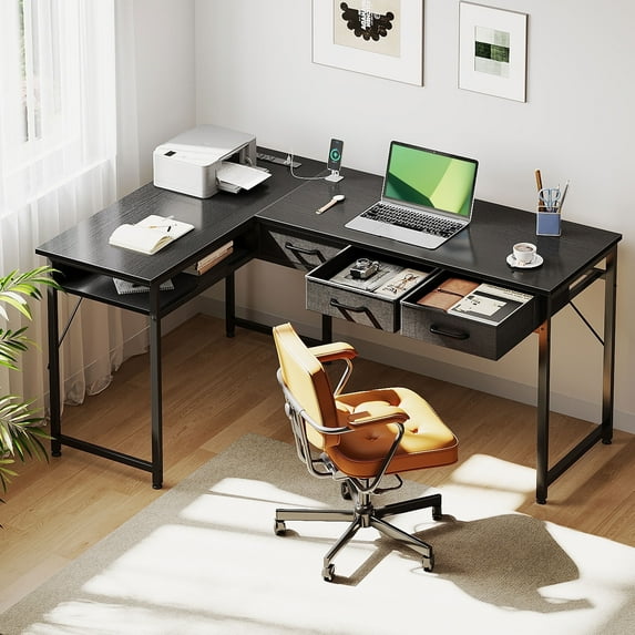 48 inch L Shaped Computer Desk with Drawers, Corner Desk with Power Outlets & Reversible Storage Shelves, Simple Computer Desk for Home Office Gaming, Black