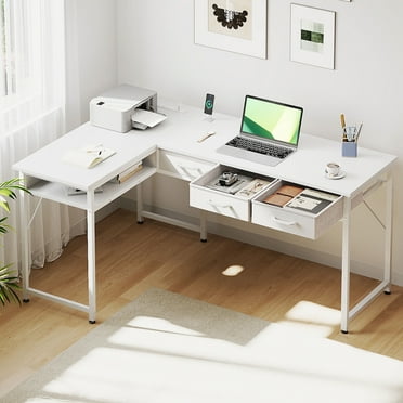 48 inch L Shaped Computer Desk with Drawers, Corner Desk with Power Outlets & Reversible Storage Shelves, Simple Computer Desk for Home Office Gaming, White