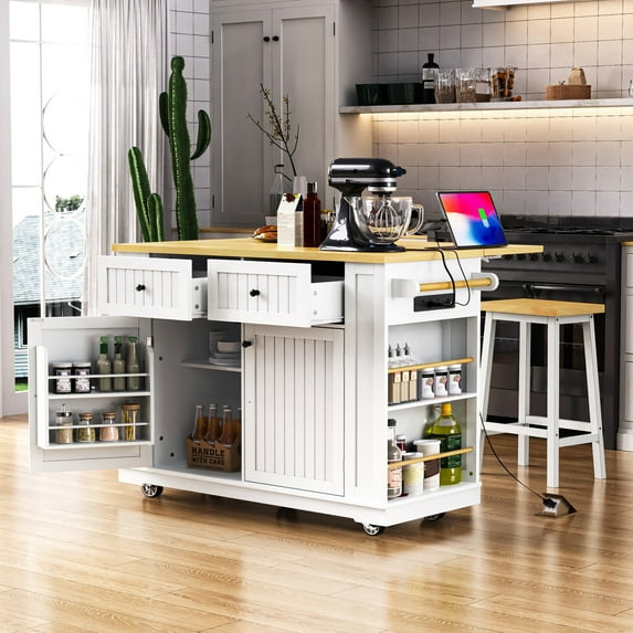 48 inch Large Kitchen Island with Drop Leaf, Power Outlet, Internal Storage Rack, Rolling Kitchen Storage Cart on 5 Wheels with 5 Open Side Racks for Kitchen, Dining Room, White (Not include Stools)