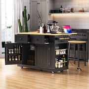 48 inch Large Kitchen Island with Drop Leaf,Power Outlet,Internal Storage Rack,Rolling Kitchen Storage Cart on 5 Wheels with 5 Open Side Racks for Kitchen,Dining Room Not include Stools