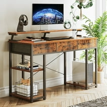 48 inch Modern Home Office Desk with 3 Drawers, Computer Desk with Monitor Stands, Small Writing Desk with Dual PC Mainframe Shelves for Storage, Vintage