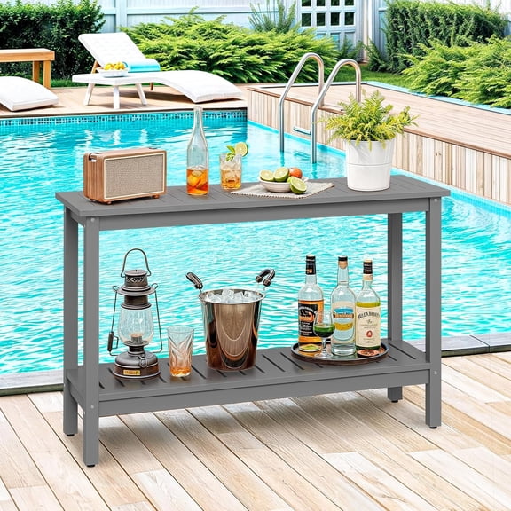 48 inch Outdoor Console Table, 2-Tier Solid Wood Side Table Multifunctional Buffet Bar Storage Organizer with Adjustable Feet for All-Weather Indoor Outdoor Porch, Grey