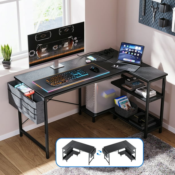 48 inch Reversible L Shaped Gaming Desk with USB Charging Port Power Outlet Corner Computer Desk with Storage Shelves Bag Home Office Desk with