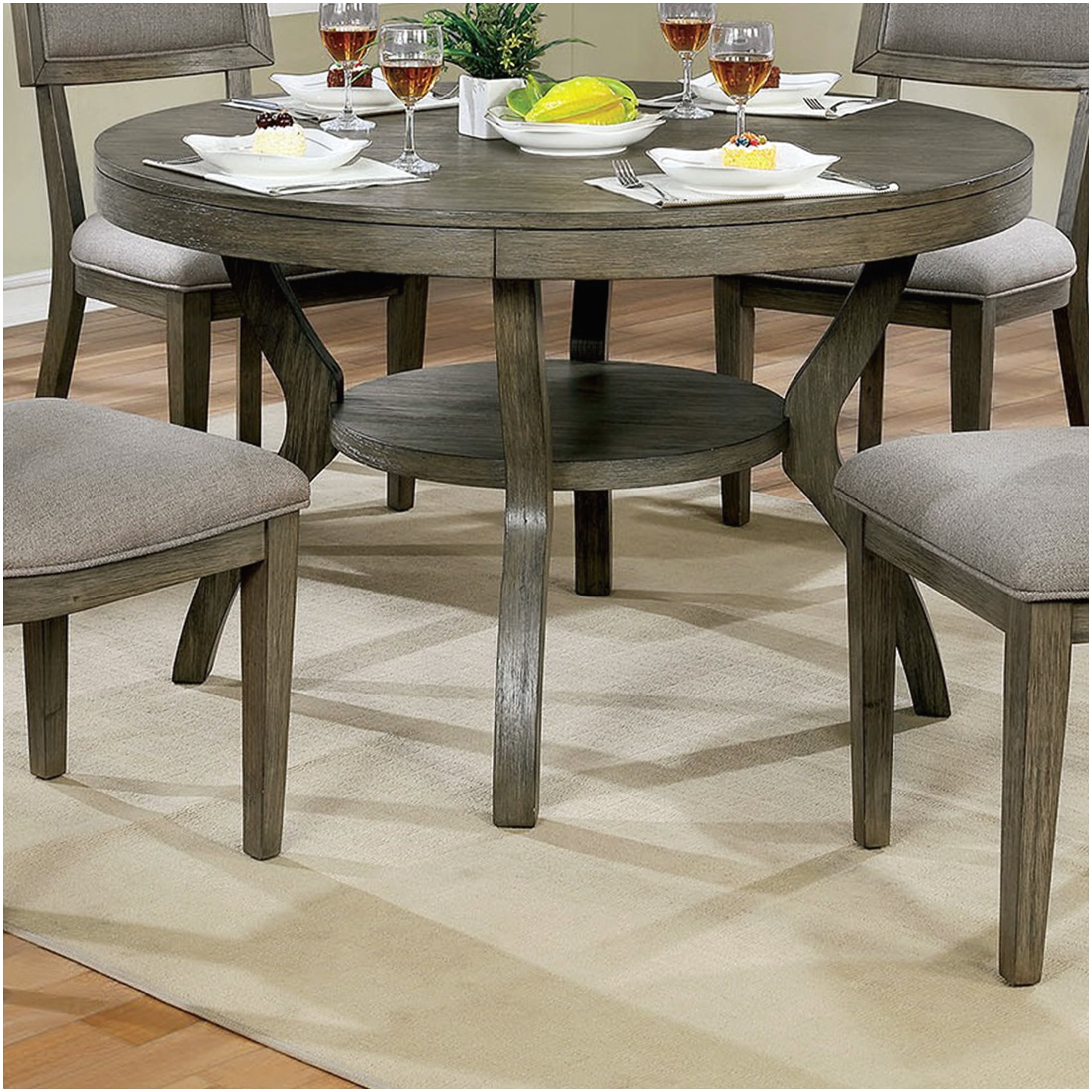 48 inch Round Dining Table with Shelf, Solid Rubberwood Farmhouse Table ...