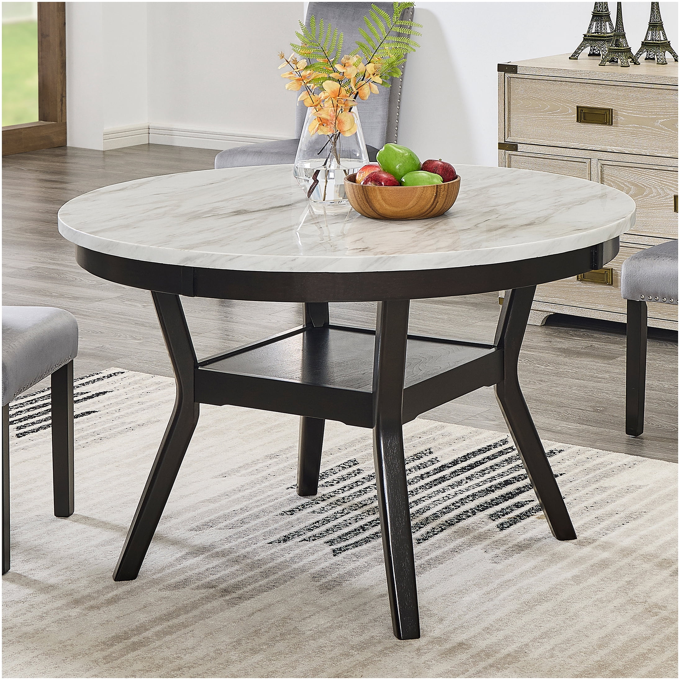 48 Kitchen Table 48 inch Round Dining Table with Storage Shelf, Faux Marble Top Modern ...
