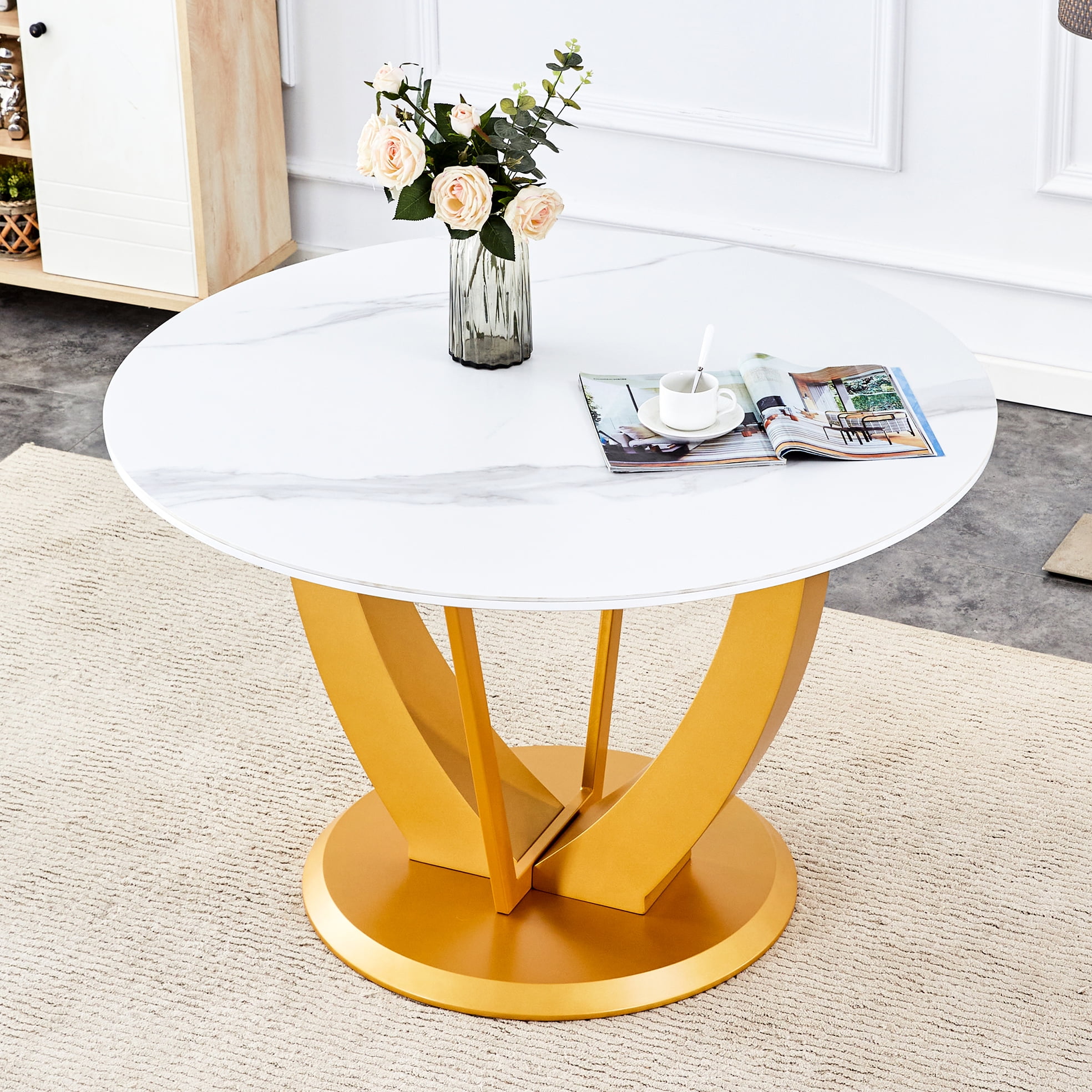 48-inch Round White Table With Gold Legs, Making Your Space Stand Out Stylish Legs And For A ...