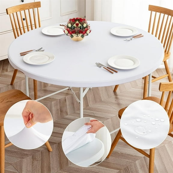 48 inch Round Wipeable Table Cloth,1 Pcs Waterproof Plastic Table Cloths,Beige Elastic Edged Tablecloth,Fitted Flannel Backed Table Cover,for Outdoor Kitchen Dining By Scheam