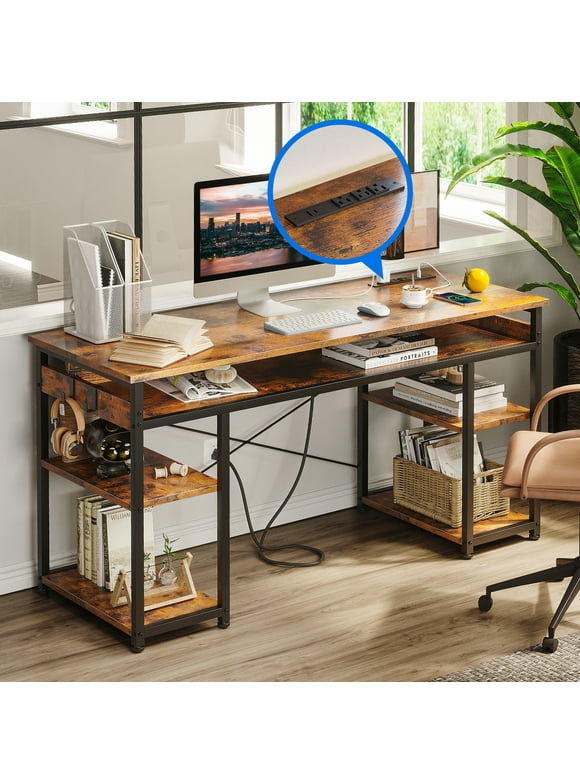 48 inch Simple Design Computer Desk with Charging Station, Modern Office Desk with Shelves, Vintage